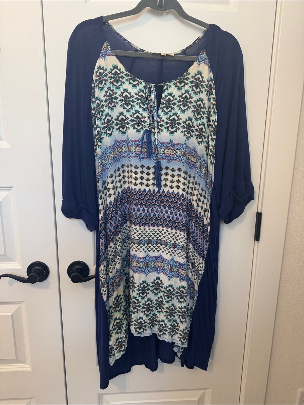 Umgee Navy and White Printed Boho Tunic with Tassel Tie